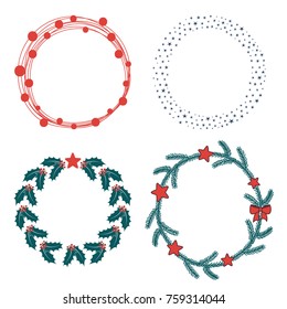 Collection of different hand drawn Christmas wreathes and round frames, with holly, stars, fir tree branches. Isolated objects on white background. Vector illustration. Design concept winter holidays.