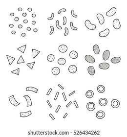 Collection of different hand drawn outline chips, nachos, tortillas, onion rings and snacks isolated on white background. Unhealthy food.