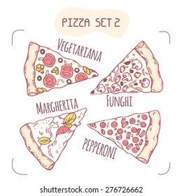 Collection of different hand drawn pizza slices in vector. Sketched food illustration