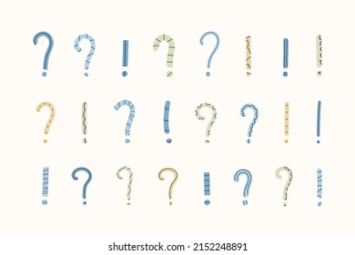 Collection of different hand drawn question and exclamation punctuation marks. Vector doodle elements. Riddle, ask, interest, fag or problem symbols. 