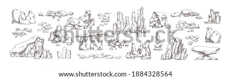 Collection of different hand drawn stones and geological rocks vector illustration in monochrome detailed style. Set of pebble and cobblestone various shapes isolated on white background Photo stock © 