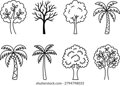 Collection of different hand drawn tree illustrations, including deciduous trees, palm trees, and fruit trees, isolated on a white background.