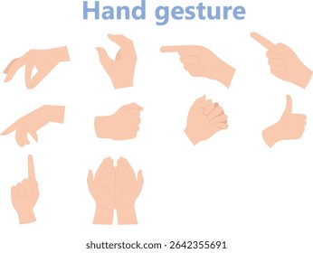Coleção de diferentes gestos com as mãos. Gestando como sinal de OK, polegar para cima, dedo apontador, fazendo coração, segurando as mãos. Ilustração vetorial