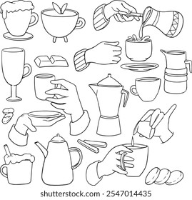 Collection of different hand gestures holding coffee cup or drinks.  hand drawn style Hand for a logo in a restaurant or bar Vector illustration