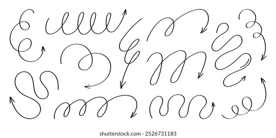 Sammlung verschiedener handgezeichneter Pfeile. Doodle Stil gekrümmt und quietschende Pfeile. Kann für Präsentationen, Infografiken und Grafikdesign verwendet werden. Vektorgrafik 

