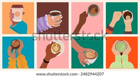 Collection of different hands holding hot drinks and beverage. Brewing or pouring green and black or matcha tea, cacao, espresso coffee. Flat vector cartoon illustration on colorful background.