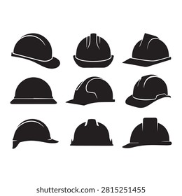 Collection of different hard hat designs in black silhouette style