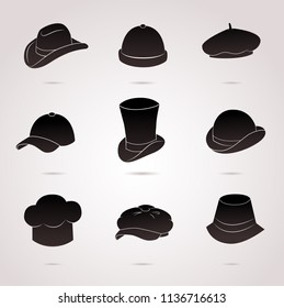 Collection of different hats (cap, bowler, beret etc.) Vector art.