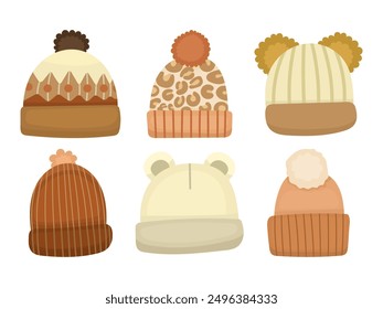 Collection of different hats in cartoon illustration in beige and brown colors for autumn or winter.