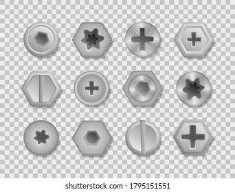 Collection of different heads of bolts, screws, nails, rivets. Set of metallic shiny screws and bolts to use in your designs. View from above. Decorative elements for your design. Vector illustration.