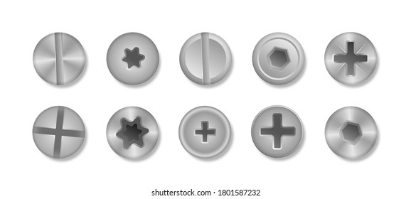 Collection of different heads of bolts, screws, nails, rivets. Set of metallic shiny screws and bolts to use in your designs. View from above. Decorative elements for your design. Vector illustration.