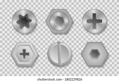 Collection of different heads of bolts, screws, nails, rivets. Set of metallic shiny screws and bolts to use in your designs. View from above. Decorative elements for your design. Vector illustration.