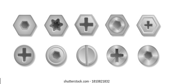 Collection of different heads of bolts, screws, nails, rivets. Set of metallic shiny screws and bolts to use in your designs. View from above. Decorative elements for your design. Vector illustration.