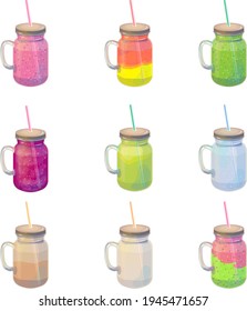 Kollektion mit verschiedenen, gesunden Smoothies einzeln auf weißem Hintergrund. Traditionelles Getränk für Diät und Sport. Illustrationen können für Restaurant- und Café-Menü-Projekte und Öko-Food-Projekte verwendet werden.