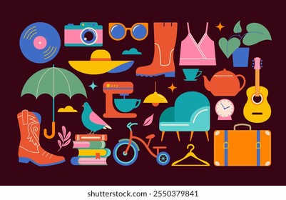 Collection of different home goods. Flea market, Garage sale, stickers, icons, elements. Vector illustration