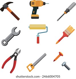 una colección de diferentes herramientas de reparación del hogar, incluyendo un martillo y una llave