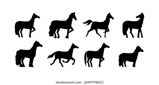 Coleção de diferentes silhuetas de raça de cavalo em formato vetorial. Adequado para temas equestres, ícones de animais, ilustrações de fazendas e projetos de estilo ocidental
