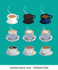 Collection of different hot coffee vector flat illustration.