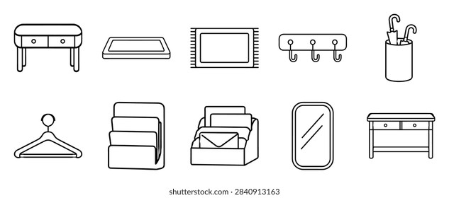 Collection of different household and office items illustrations including tables, mat, rug, hanger, magazine and letter holders, hooks, mirror, and umbrella stand on transparent background