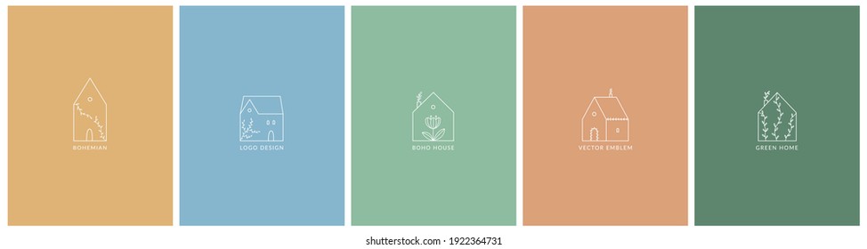 Collection of different houses in linear minimal style with botanic decorations. Green or eco bohemian home. Logo emblem design. Vector outline illustration. 