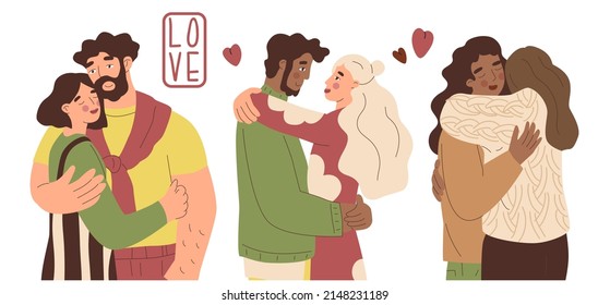 Colección con diferentes abrazos. Abrazos, amor, relación. Un par de amantes. Relaciones cálidas entre las personas. Amor por tu vecino. Ilustración vectorial en estilo plano. Elementos aislados.