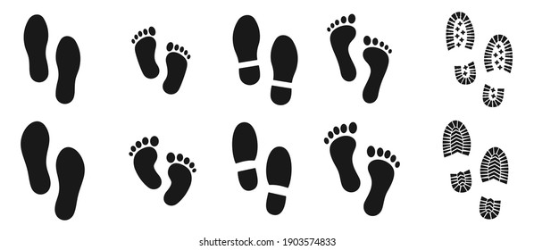 Collection different human footprints Vector Illustration. boot sole, bare feet, Baby footprint, 