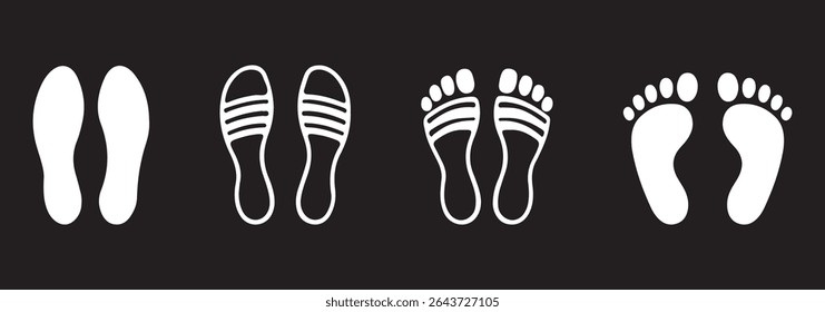 Collection different human footprints Vector Illustration. boot sole, bare feet, Baby footprint
