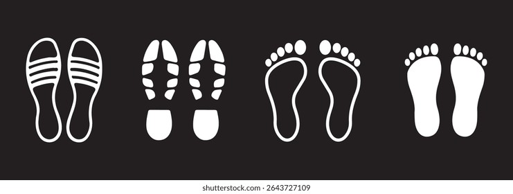 Collection different human footprints Vector Illustration. boot sole, bare feet, Baby footprint