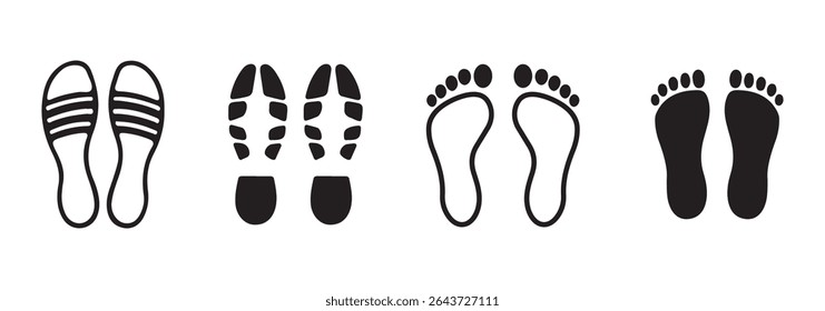 Collection different human footprints Vector Illustration. boot sole, bare feet, Baby footprint