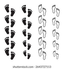Coleção diferentes pegadas humanas Ilustração Vetor. sola de bota, pés descalços, pegada de bebê
