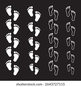 Collection different human footprints Vector Illustration. boot sole, bare feet, Baby footprint