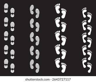 Collection different human footprints Vector Illustration. boot sole, bare feet, Baby footprint