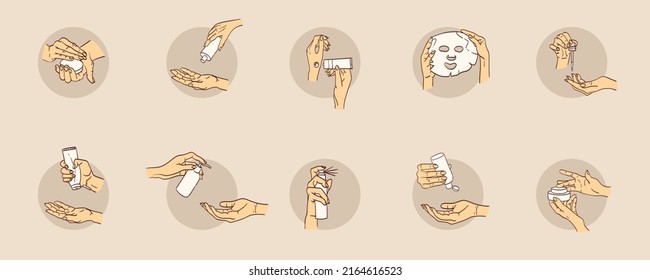 Colección de diferentes manos humanas con crema y tubo. Ilustración de la línea dibujada a mano por vectores. Para banners, anuncios, emblemas, etiquetas, empaques, logotipo