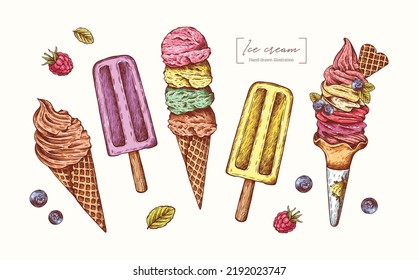 Collection of different ice cream. Vector hand drawn ice cream illustration in vintage engraved style. Dessert, sweets, menu design, restaurant, shop.