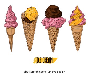 Collection of different ice cream. Vector hand drawn ice cream illustration in vintage engraved style. Dessert, sweets, menu design, restaurant, shop, gelaterie.