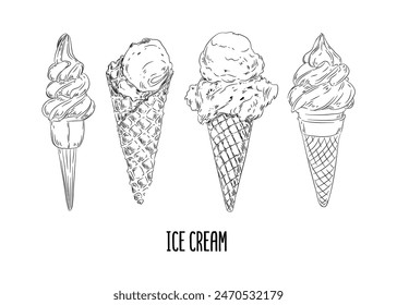 Colección de diferentes helados. Vector dibujado a mano ilustración de helado en estilo grabado vintage. Postre, dulces, diseño de menú, restaurante, tienda, heladería.