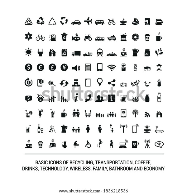 Collection of different icons.\
Icons of economy, family, internet, arrows, food, etc.\
Vector\
image.