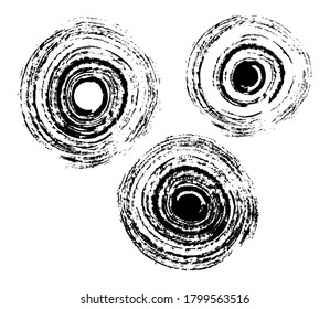 Collection of different ink brush strokes. Round freehand drawings.Ink spots, grungy painted circles. Artistic design elements. Vector background, grunge. Round frame.