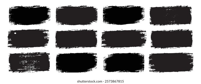 Collection of different ink brush strokes: rectangle, square and round freehand drawings. Ink splatters, grungy painted lines, artistic design elements