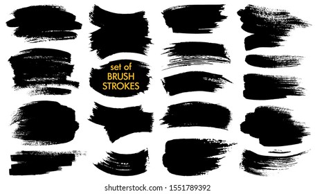 Collection of different ink brush strokes:rectangle,square and round freehand drawings.Ink splatters,grungy painted lines,artistic design elements.Vector paintbrush set.