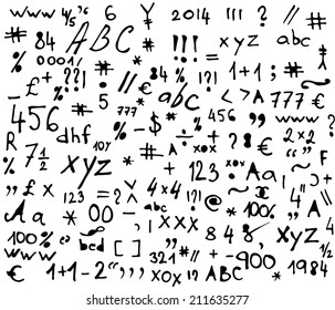 Collection of different ink icons, numbers and letters