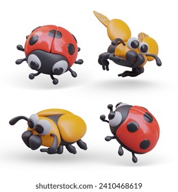 Collection with different insects in different positions. Realistic red ladybird. Standing and flying yellow scarab. Concept of bugs. Vector illustration in 3d style