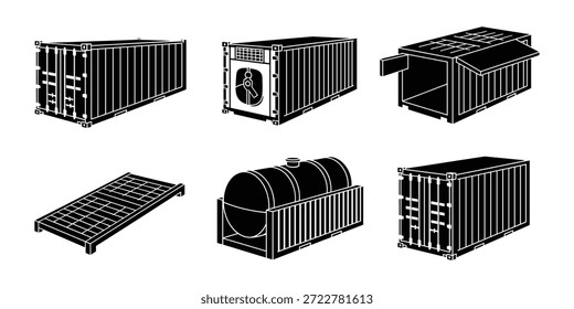 Colección de diferentes diseños de contenedores de envío isométricos, incluidos los iconos de vectores de transporte industrial de tanque refrigerado de carga y estante plano