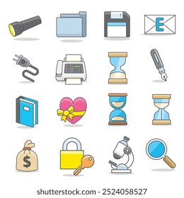 Collection of different items including clock, email, pen, book, chocolate box, printer, microscope and many more