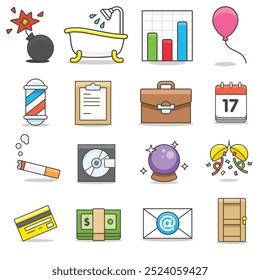 Collection of different items including money, shower, bug, boom, hard disk, list of task and many more