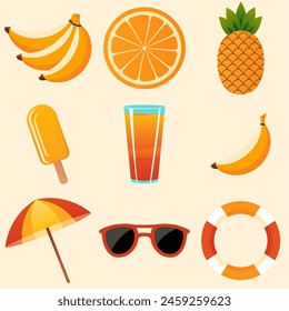 a collection of different items including oranges bananas and drinks