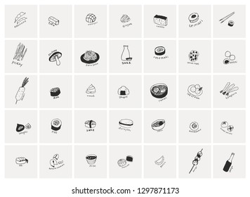 Collection of the different japanese food. Hand drawn line art set of the food icons