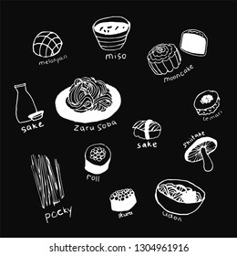 Collection of the different japanese food. Hand drawn line art set of the food icons
