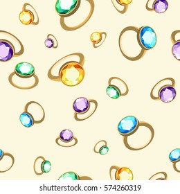 Collection of different jewels on light background. Topaz, sapphire, diamond, ruby, amethyst, emerald. Symbol for your design. Endless festive pattern for greeting paper, fabric, postcards.