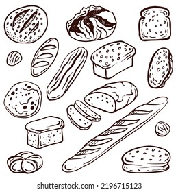 Collection Of Different Kinds Of Bread. Set Of Bakery Items And Elements. Graphic Outline Hand Drawn Vector Illustration Isolated On White Background For Menu, Label Design.